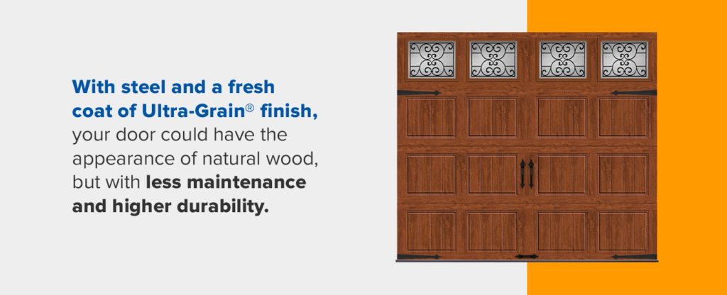 a door with the appearance of natural wood but with less maintenance and higher durability