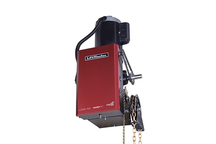 a red liftmaster garage door opener with a chain attached to it