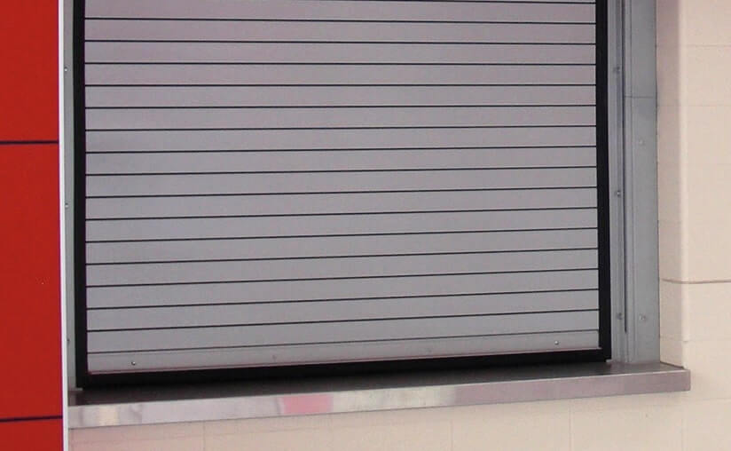 close up of a gray roll up door
